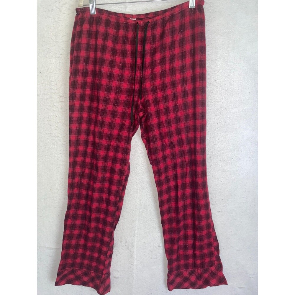 Victoria Secret pajama pants sz M women's cotton flannel red plaid lurex shine